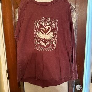 Women's Long Sleeve Top - Burgundy with Swan Design